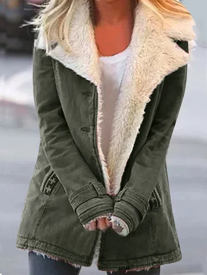 Dames Parka Winterjas Fleece met Reverskraag en Open Voorkant Olijfgroen
