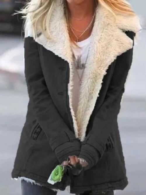 Dames Parka Winterjas Fleece met Reverskraag en Open Voorkant Zwart
