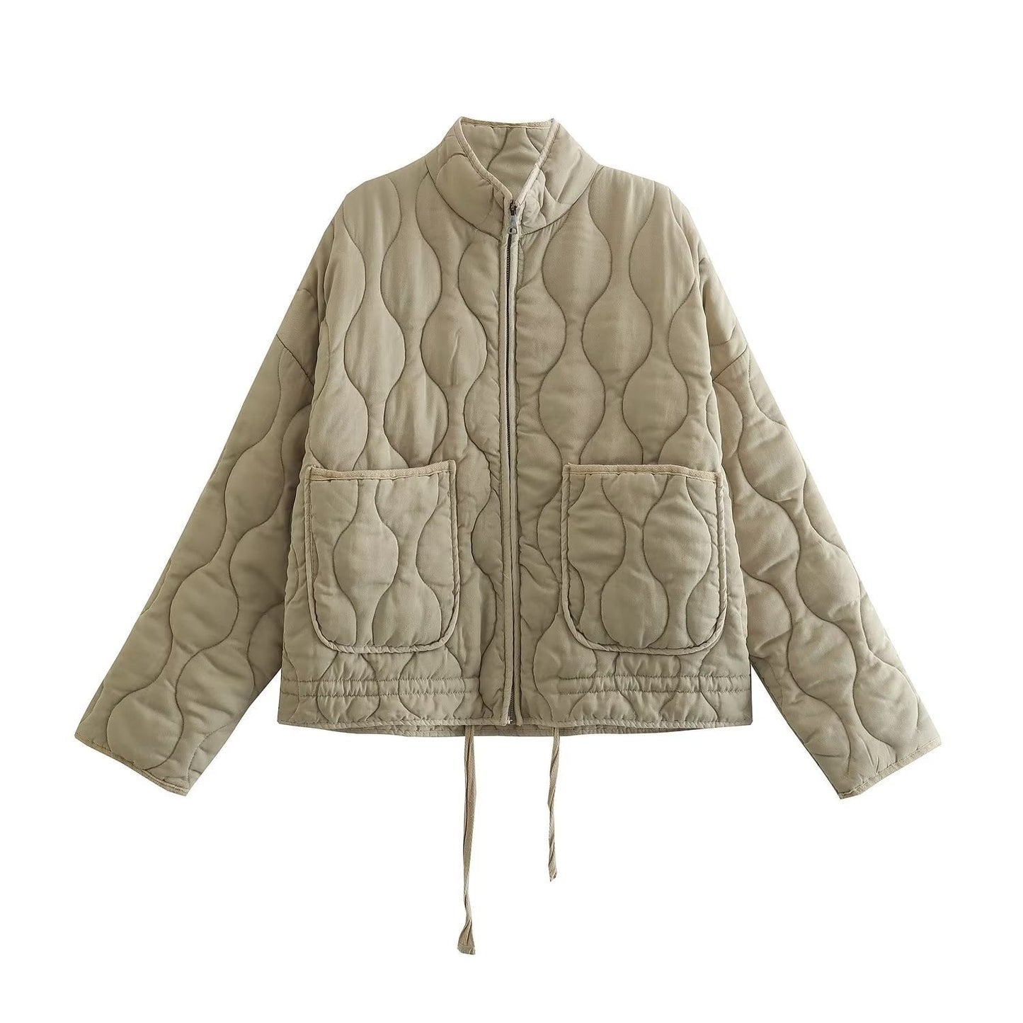 Dames Oversized Gewatteerde Jas Kort met Rits & Steekzakken Khaki