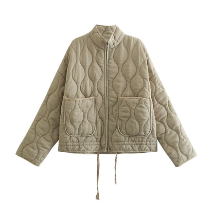 Dames Oversized Gewatteerde Jas Kort met Rits & Steekzakken Khaki