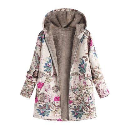 Dames Winterjas met Capuchon en Retro Bloemenprint Wit