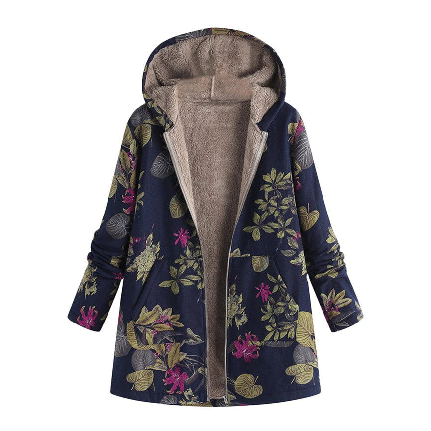 Dames Winterjas met Capuchon en Retro Bloemenprint Blauw