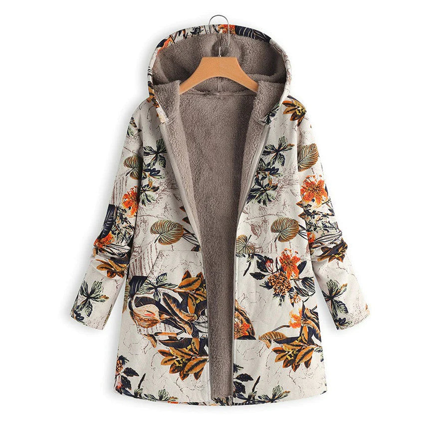 Dames Winterjas met Capuchon en Retro Bloemenprint Beige