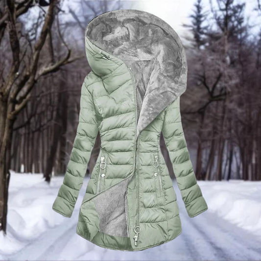 Dames Lange Winterjas met Capuchon en Imitatiebont Lichtgroen