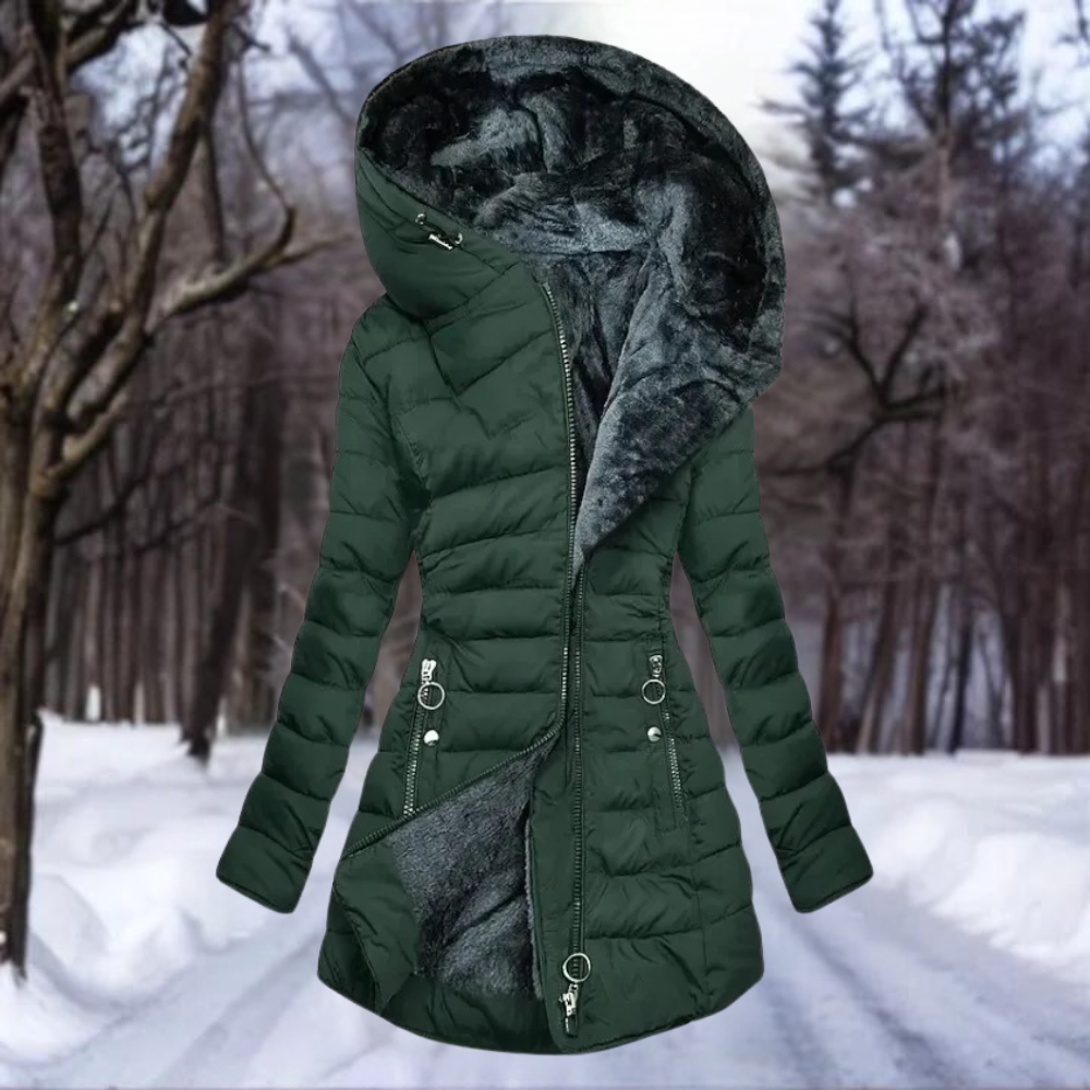 Dames Lange Winterjas met Capuchon en Imitatiebont Donkergroen