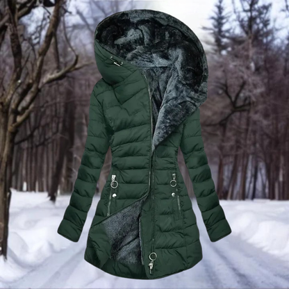 Dames Lange Winterjas met Capuchon en Imitatiebont Donkergroen