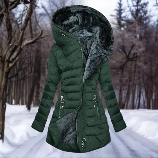 Dames Lange Winterjas met Capuchon en Imitatiebont Donkergroen