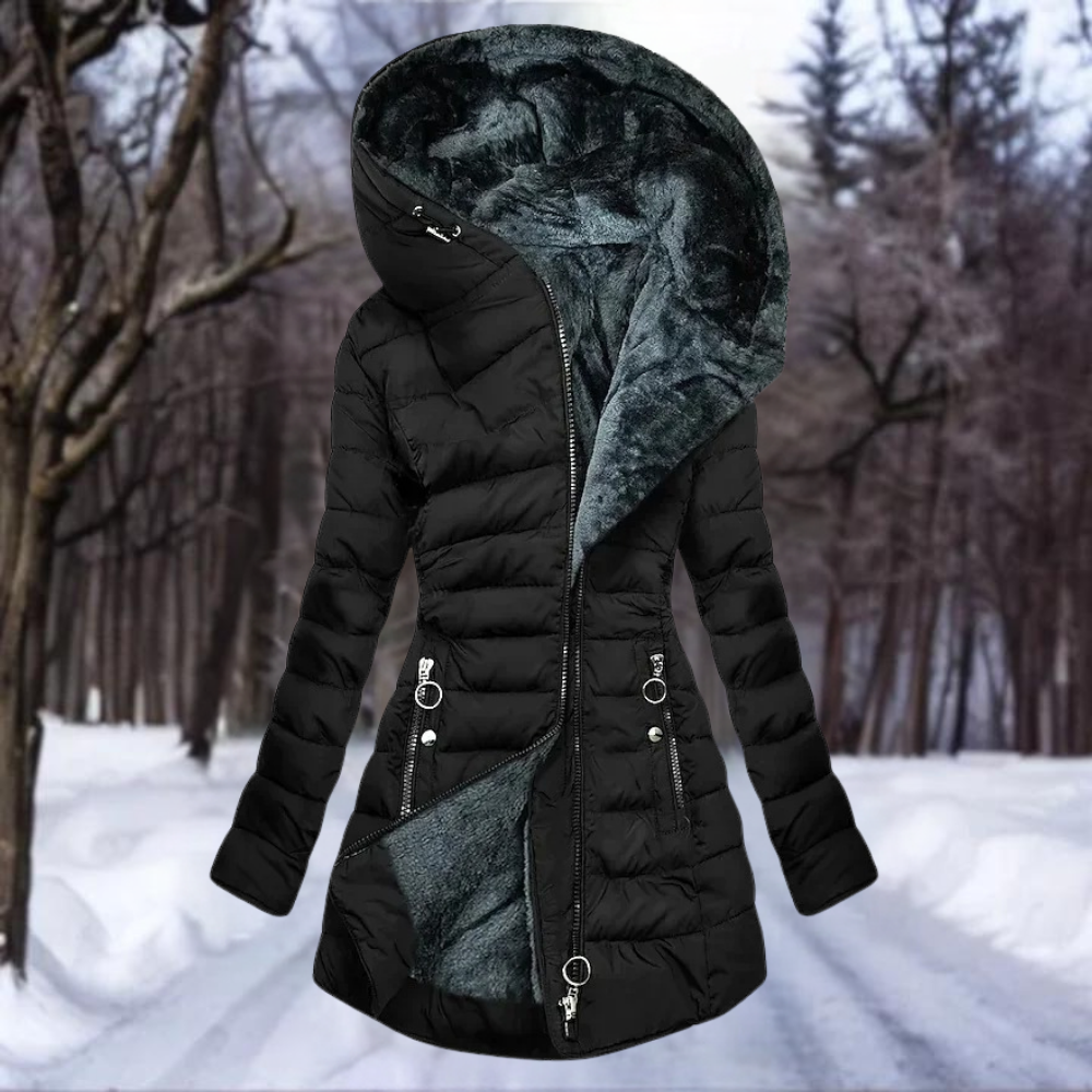 Dames Lange Winterjas met Capuchon en Imitatiebont Zwart