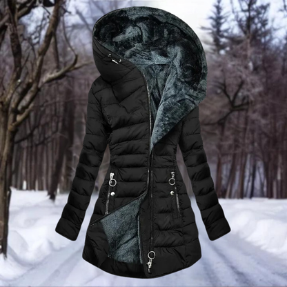 Dames Lange Winterjas met Capuchon en Imitatiebont Zwart