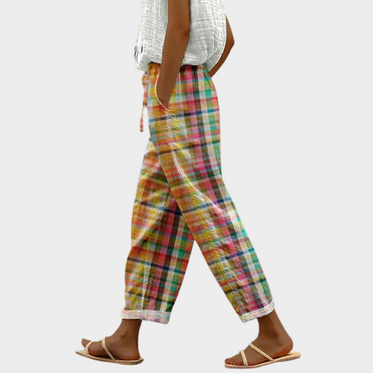 Dames Lange Broek met Ruitpatroon Geel Groen Roze