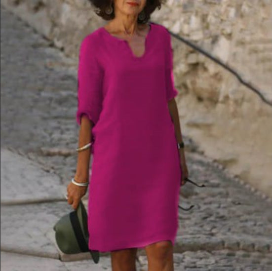 Dames Jurk met V-hals en 3/4 Mouwen en Knielange Lengte Roségoud