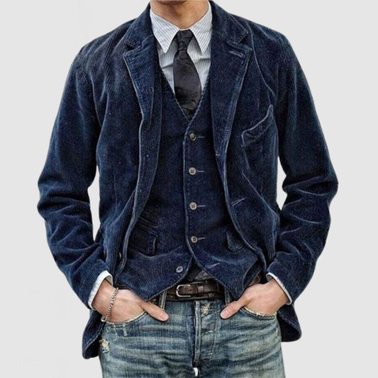 Heren Blazer met Gilet Set Vintage Corduroy Donkerblauw