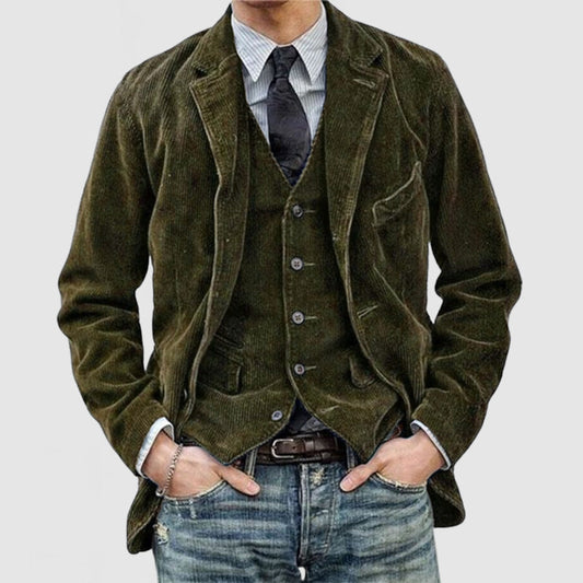 Heren Blazer met Gilet Set Vintage Corduroy Olijfgroen