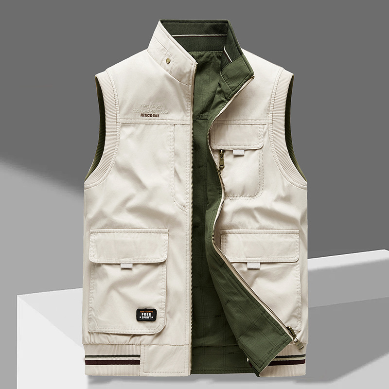 Heren Bodywarmer Vest met Hoge Kraag en Meerdere Zakken Beige
