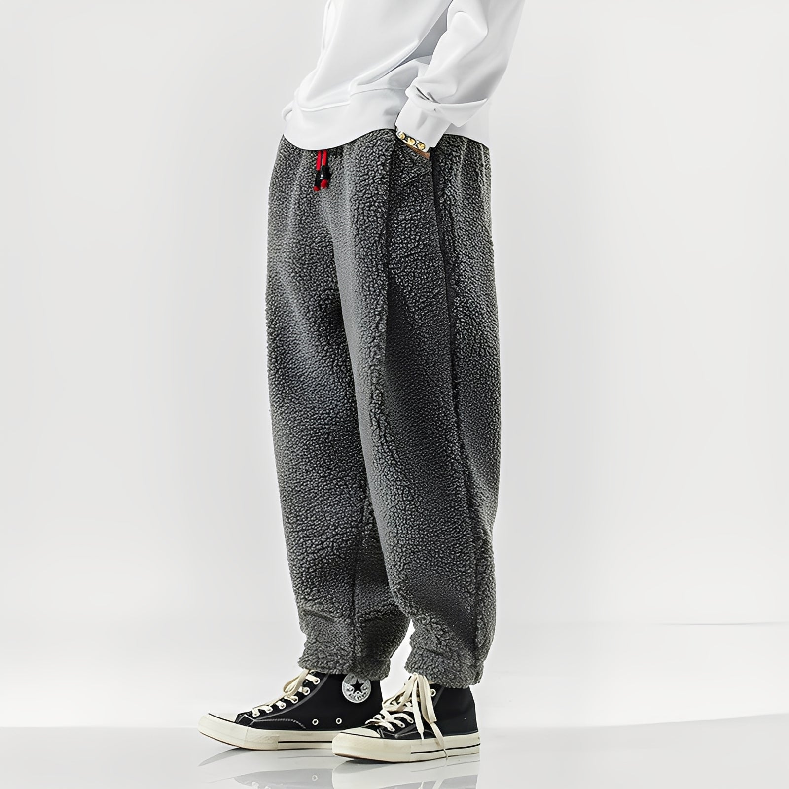 Heren Broek met Elastische Taille, Trekkoord en Ruime Pijpen Grijs