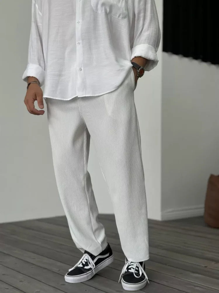 Heren Lange Broek met Losse Pasvorm en Koorddesign Wit