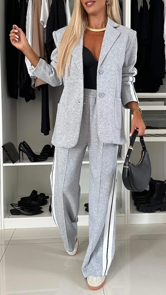 Dames Tweedelig Pak met Blazer en Wijde Broek Grijs