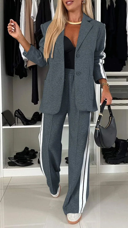 Dames Tweedelig Pak met Blazer en Wijde Broek Donkergrijs