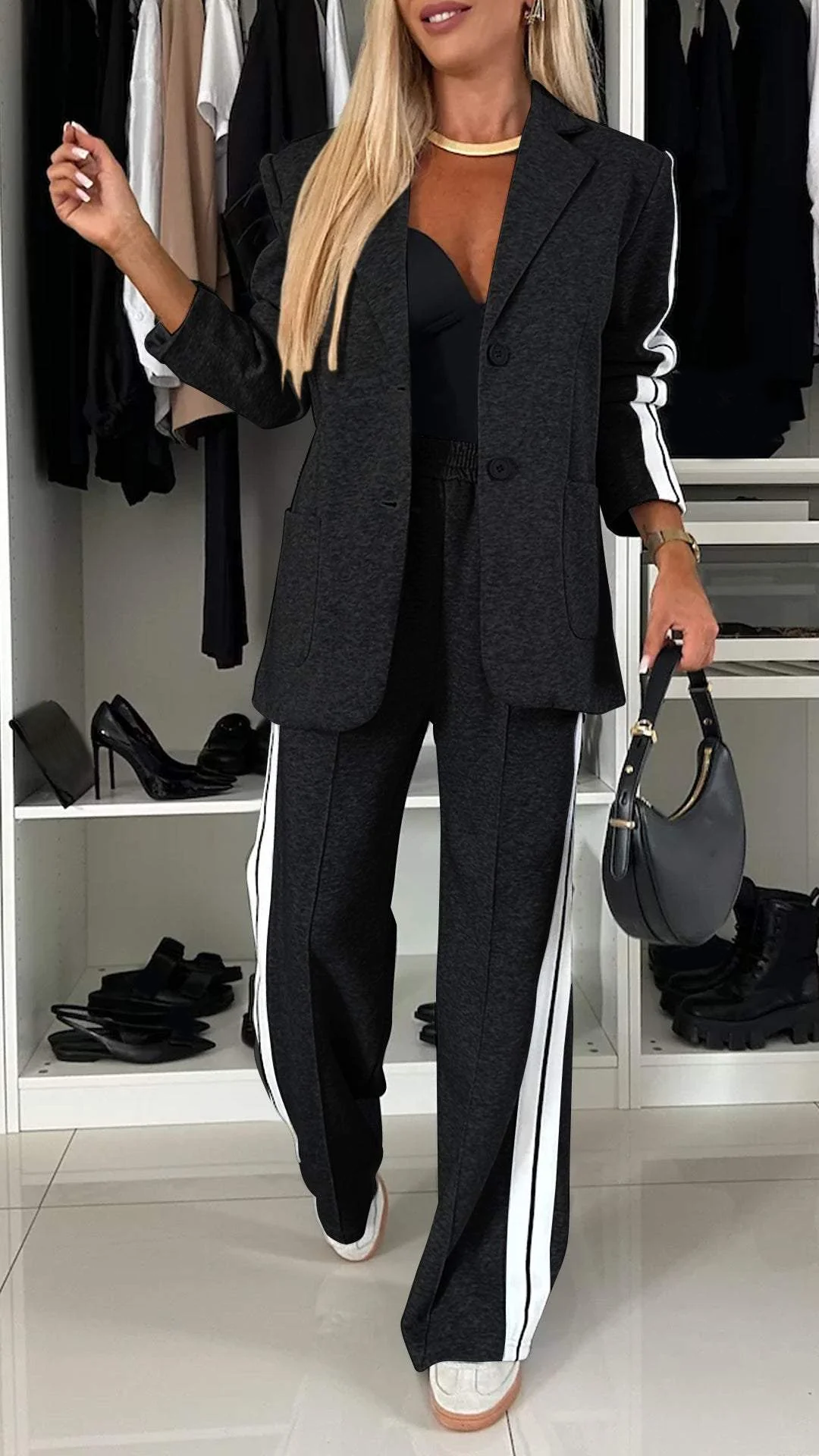 Dames Tweedelig Pak met Blazer en Wijde Broek Zwart