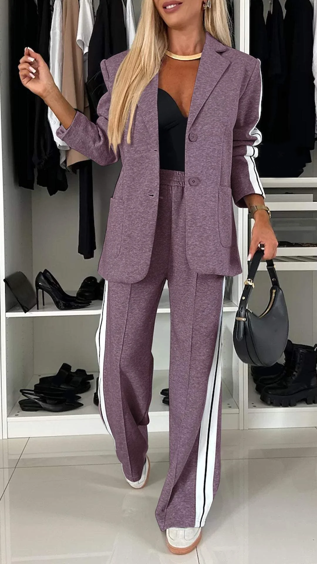 Dames Tweedelig Pak met Blazer en Wijde Broek Paars