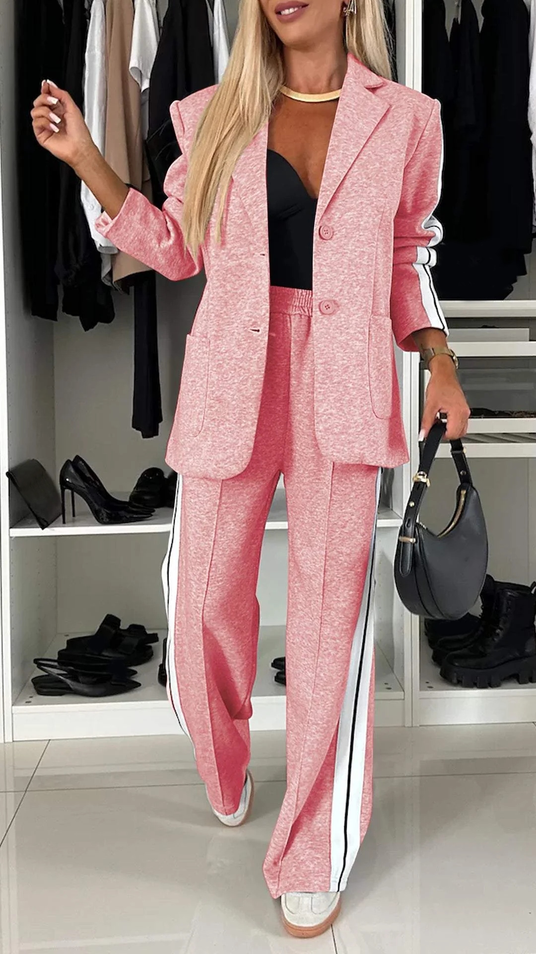 Dames Tweedelig Pak met Blazer en Wijde Broek Roze