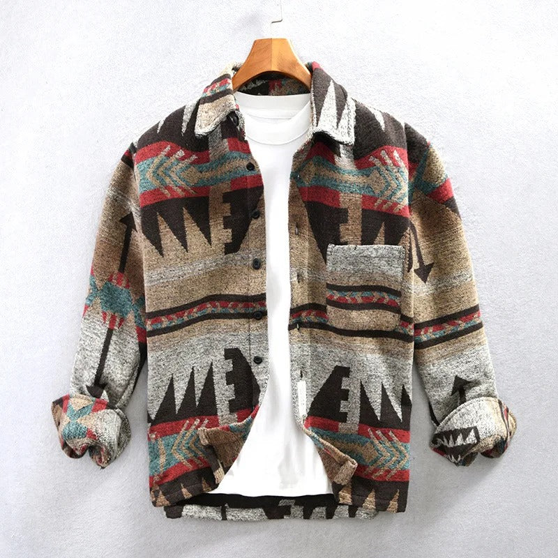 Heren Overshirt Geruit met Etnische Print Bruin