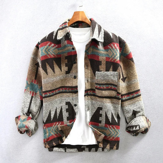 Heren Overshirt Geruit met Etnische Print Bruin