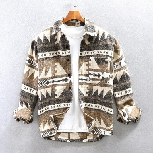 Heren Overshirt Geruit met Etnische Print Lichtbruin