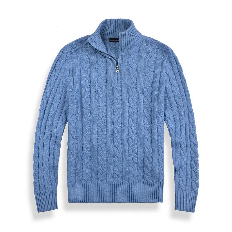 Heren Halve Zip Kabeltrui met Hoge Kraag Lichtblauw