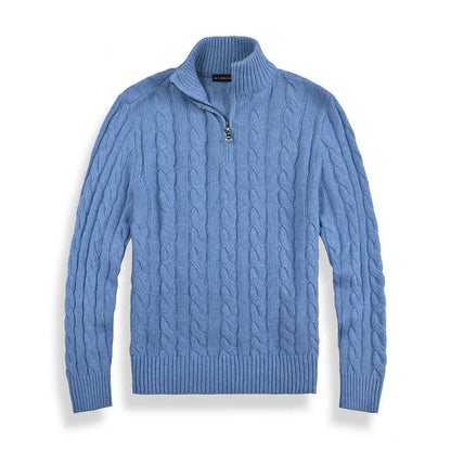 Heren Halve Zip Kabeltrui met Hoge Kraag Lichtblauw