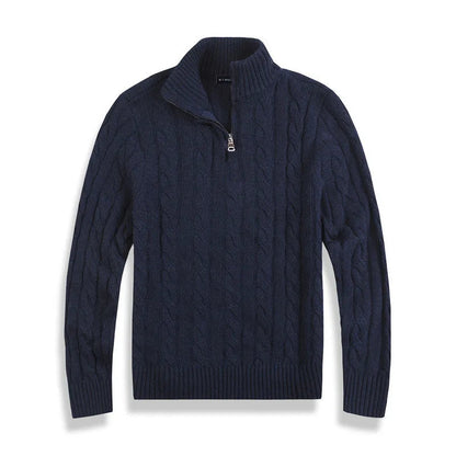 Heren Halve Zip Kabeltrui met Hoge Kraag Marineblauw