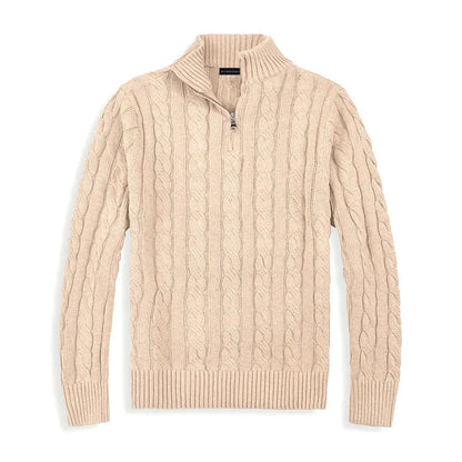 Heren Halve Zip Kabeltrui met Hoge Kraag Beige