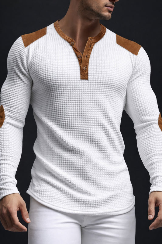 Heren Henley Shirt met Wafelstructuur en Patchwork Schouders Wit