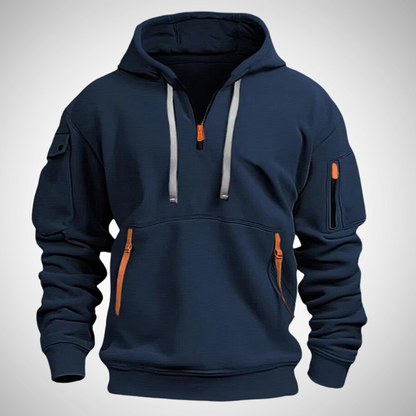 Heren Hoodie Pullover met Kwartrits en Lange Mouwen in Relaxte Pasvorm Marineblauw
