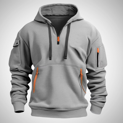 Heren Hoodie Pullover met Kwartrits en Lange Mouwen in Relaxte Pasvorm Lichtgrijs