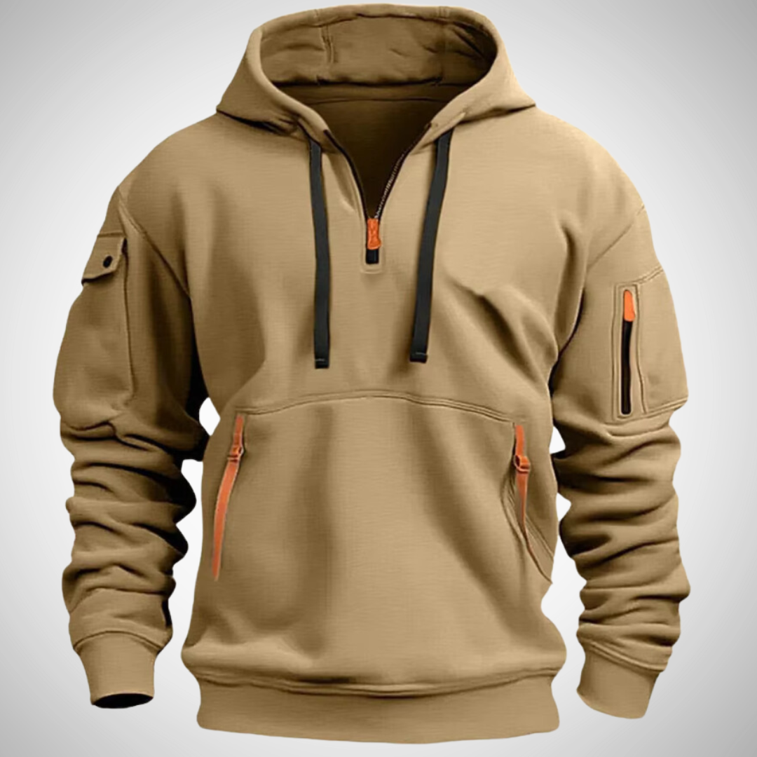 Heren Hoodie Pullover met Kwartrits en Lange Mouwen in Relaxte Pasvorm Khaki