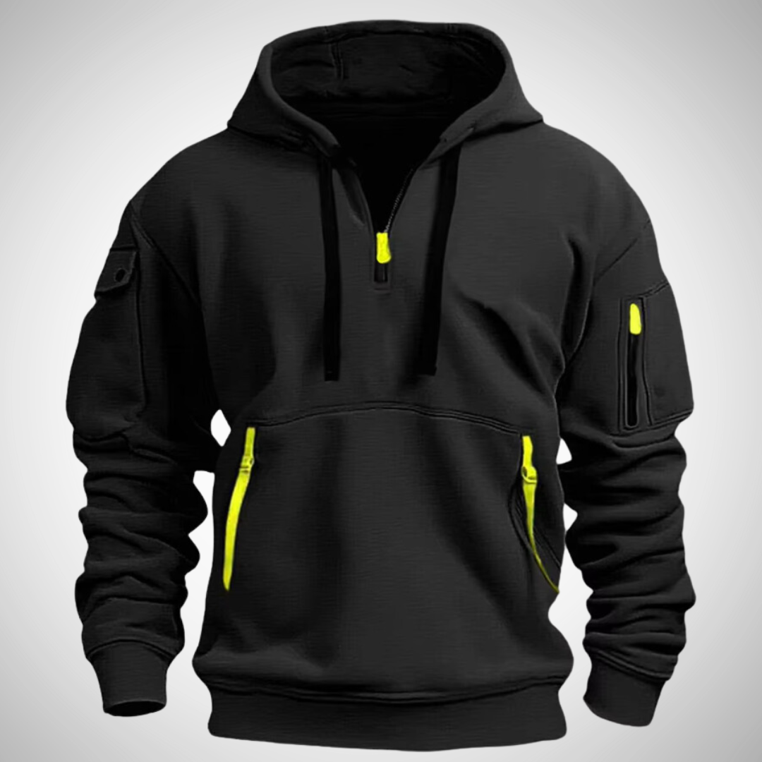 Heren Hoodie Pullover met Kwartrits en Lange Mouwen in Relaxte Pasvorm Zwart