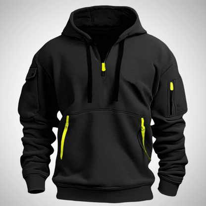 Heren Hoodie Pullover met Kwartrits en Lange Mouwen in Relaxte Pasvorm Zwart