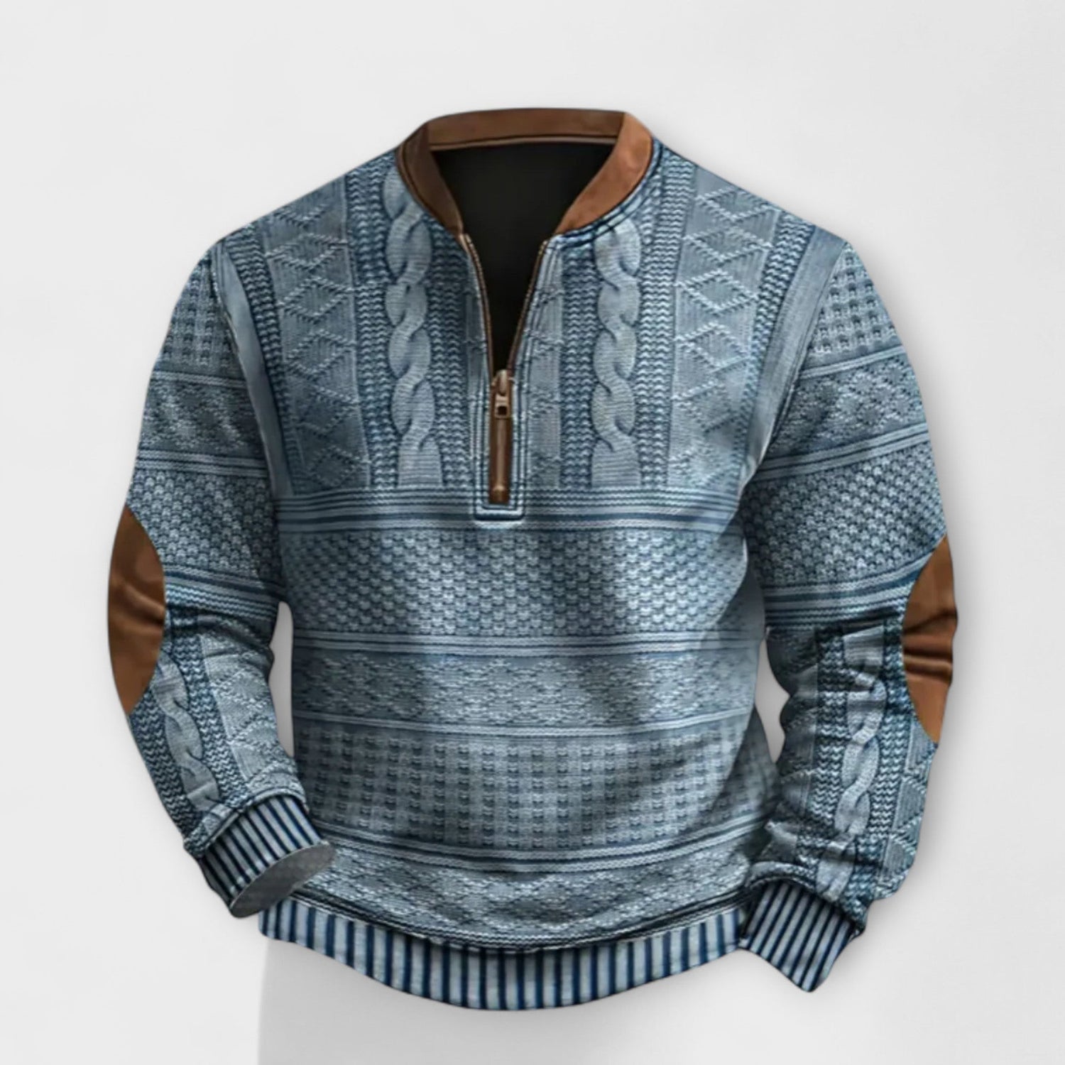 Heren Trui met Halve Rits en Elleboogstukken - Kabelpatroon Blauw