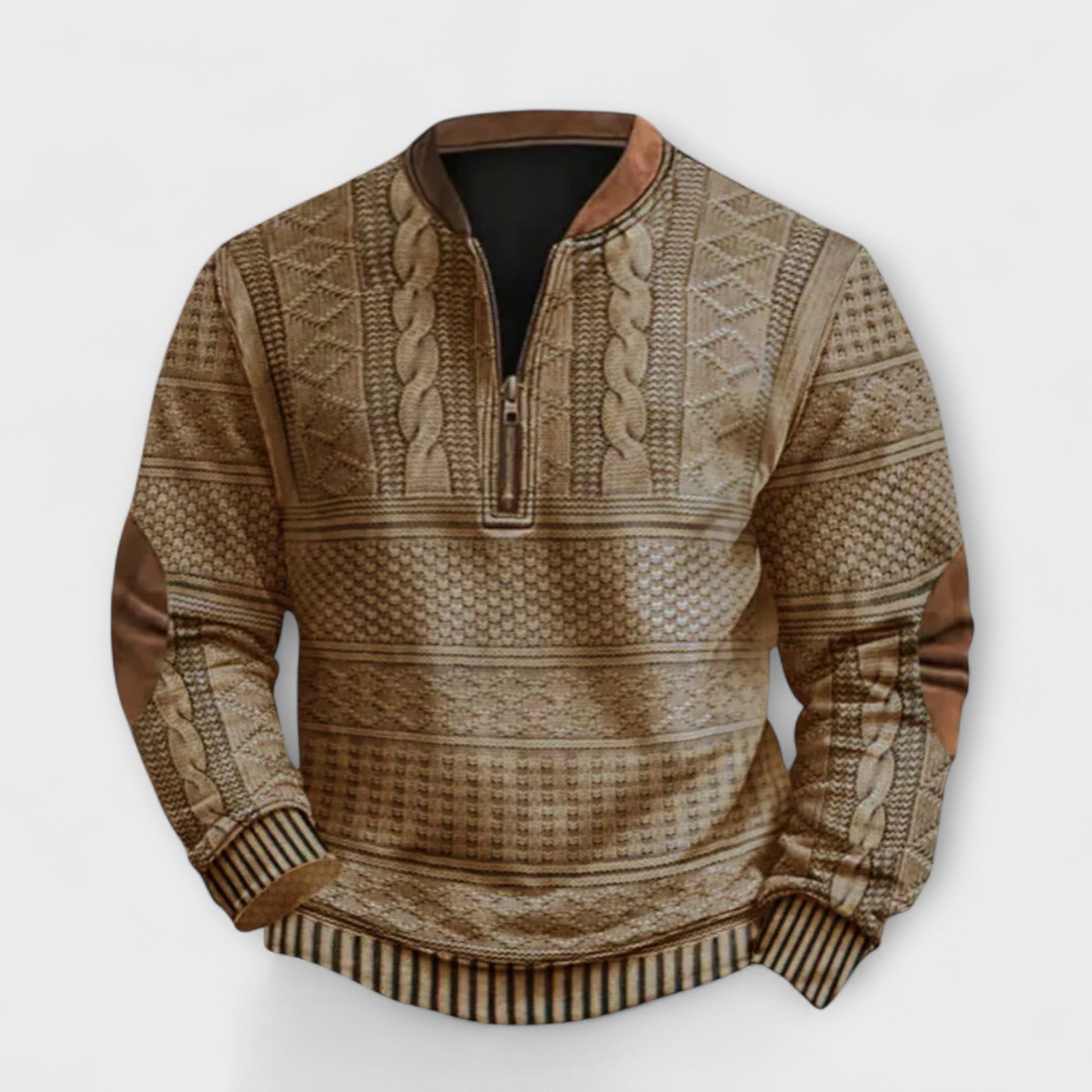 Heren Trui met Halve Rits en Elleboogstukken - Kabelpatroon Beige