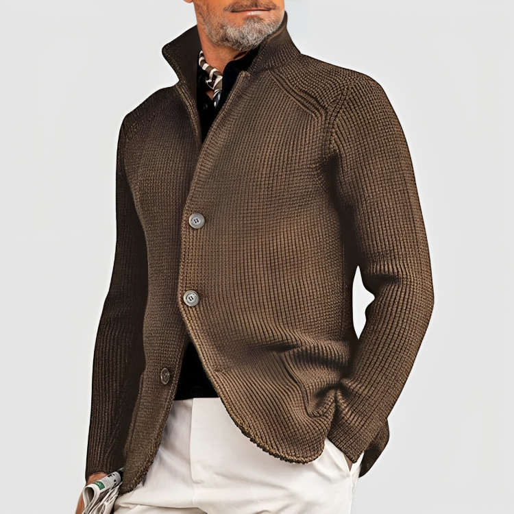 Heren Gebreid Cardigan Vest met Knopen en Opstaande Kraag Khaki