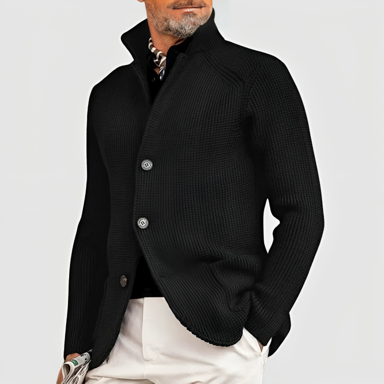 Heren Gebreid Cardigan Vest met Knopen en Opstaande Kraag Zwart