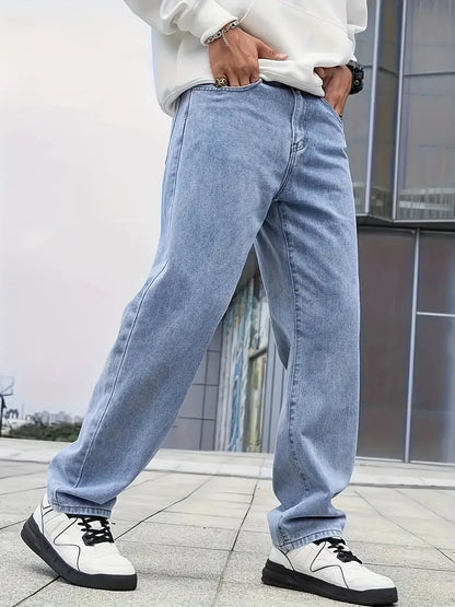 Heren Jeans met Rechte Pijpen en Lichte Wassing Blauw