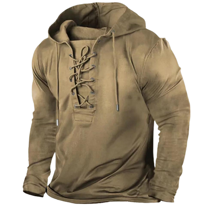 Heren Hoodie met Vetersluiting in Vintage Stijl Khaki