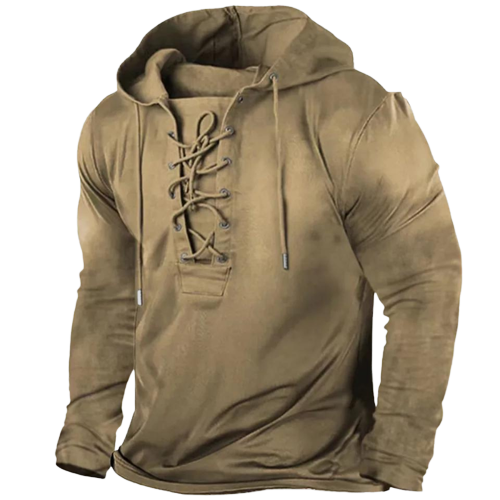 Heren Hoodie met Vetersluiting in Vintage Stijl Khaki