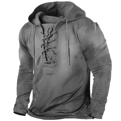 Heren Hoodie met Vetersluiting in Vintage Stijl Grijs