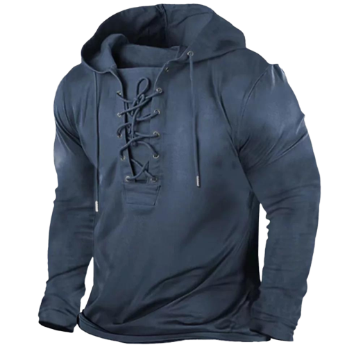 Heren Hoodie met Vetersluiting in Vintage Stijl Blauw