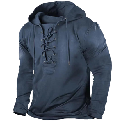 Heren Hoodie met Vetersluiting in Vintage Stijl Blauw