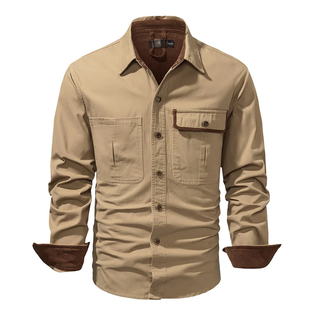 Heren Overhemd met Contrast Kraag en Lange Mouwen Khaki