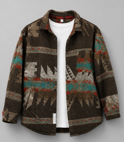 Heren Overshirt Geruit met Etnische Print Bruin